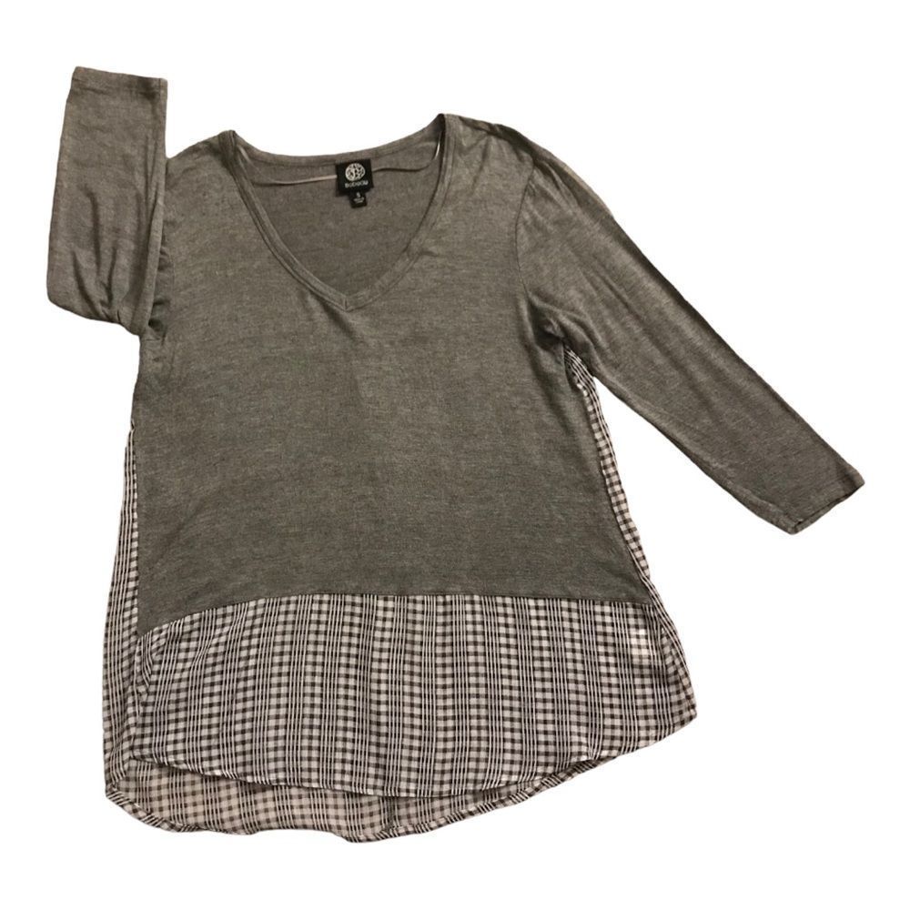 BOBEAU Top 3/4 Sleeves Gray/White V-Neck Size S
